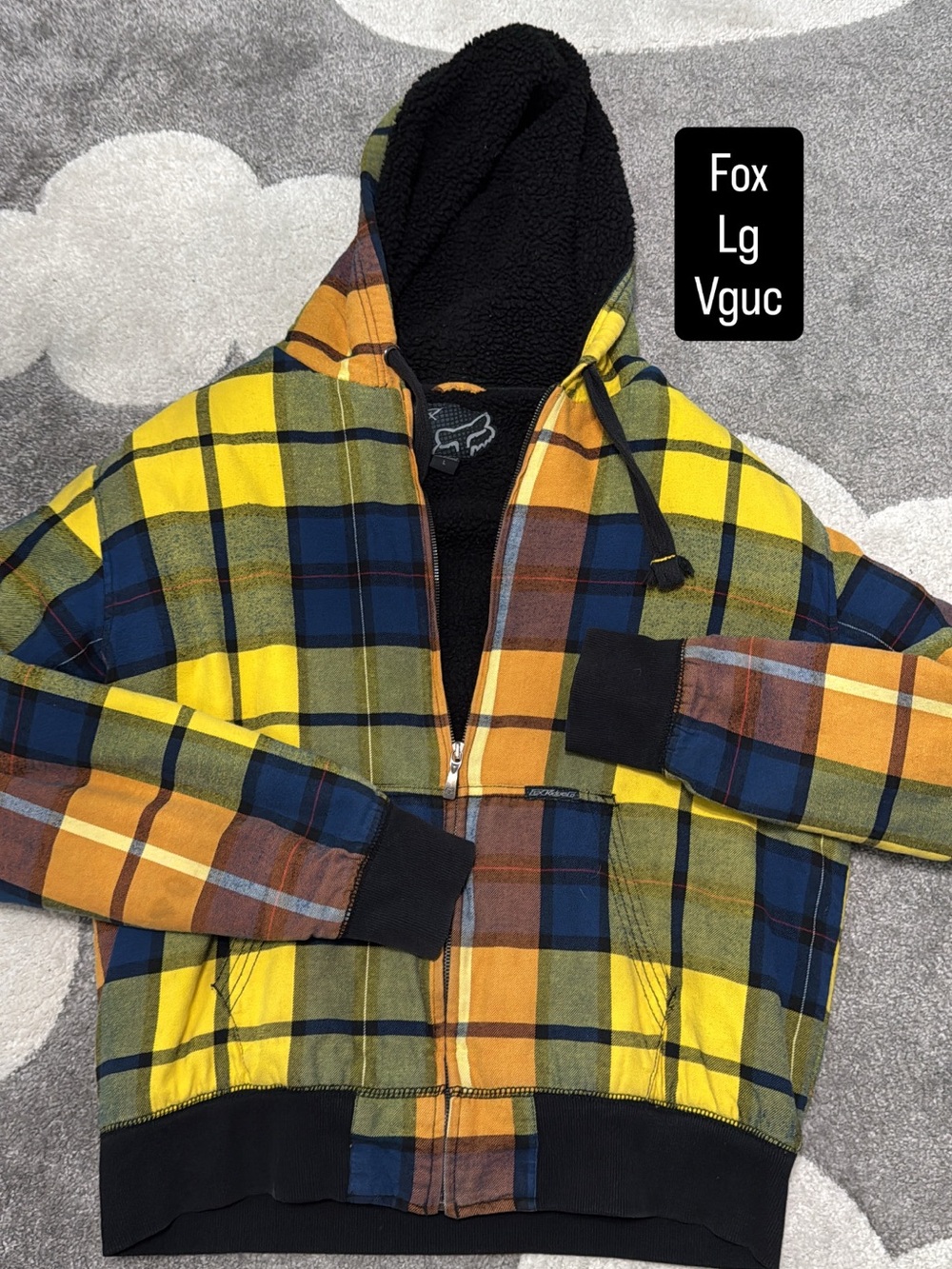Fox Kids Plaid Hooded Zip Jacket in Yellow, Blue & Orange Y2K